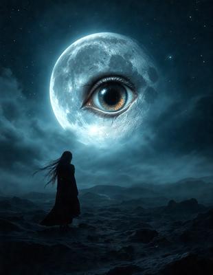 The primary subject of the image is a woman standing on a beach at night. She is wearing a long black dress and appears to be looking up at the moon. The setting is a beach with a dark sky, and the visual style is a digital art or illustration. The colors and mood of the image are predominantly dark, with the moon and the woman's dress being the main sources of light.